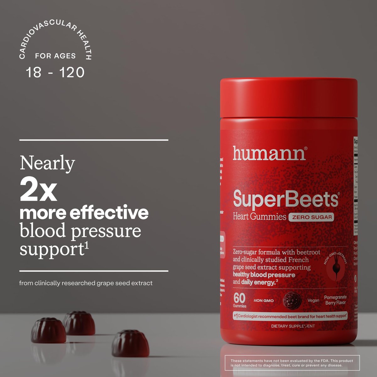 humanN SuperBeets Herz-Gummis ohne Zucker - Rote-Bete-Gummis mit Energieunterstützung, Traubenkernextrakt & Rote-Bete-Pulver - 60 Stück