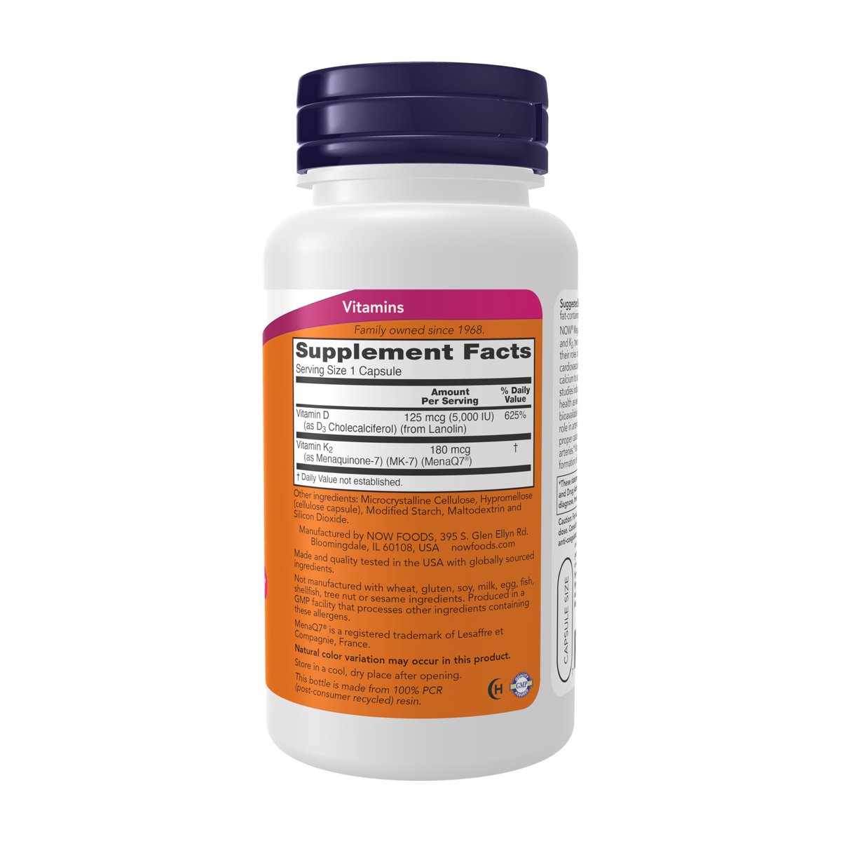 NOW Supplements Mega D-3 & MK-7, 5000 IE / 180 mcg, Knochen- und Herz-Kreislauf-Unterstützung*, Vitamine K-3 & K-2, 120 Kapseln