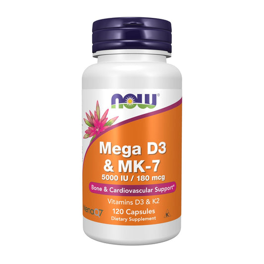 NOW Supplements Mega D-3 & MK-7, 5000 IE / 180 mcg, Knochen- und Herz-Kreislauf-Unterstützung*, Vitamine K-3 & K-2, 120 Kapseln