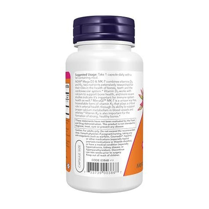 NOW Supplements Mega D-3 & MK-7, 5000 IE / 180 mcg, Knochen- und Herz-Kreislauf-Unterstützung*, Vitamine K-3 & K-2, 120 Kapseln