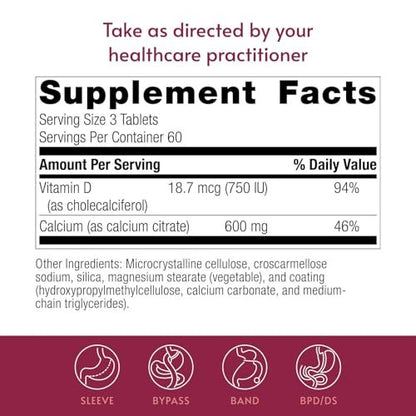 Bariatric Advantage Calciumcitrat 600 mg ohne Kautabletten – für bariatrische Chirurgie-Patienten – mit Vitamin D3 – Mineralstoffpräparat – 180 Tabletten