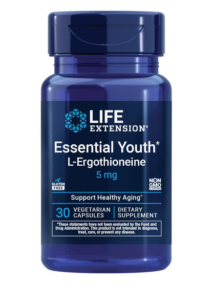 Life Extension Essential Youth L-Ergothionein – Fördert Langlebigkeit & gesundes Altern – Glutenfrei – Nicht-GVO – Vegetarisch – 5 mg – 30 vegetarische Kapseln