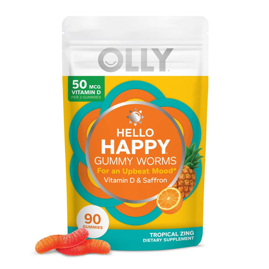 OLLY Hello Happy Gummy Worms – Stimmungsausgleich, Vitamin D & Safran, Erwachsene, 90 Stück, Tropical Zing