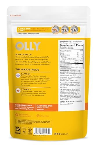 OLLY Hello Happy Gummy Worms – Stimmungsausgleich, Vitamin D & Safran, Erwachsene, 90 Stück, Tropical Zing