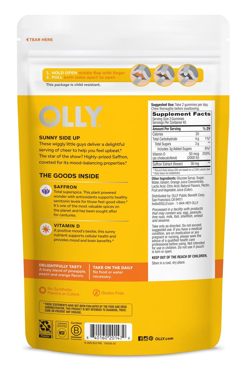 OLLY Hello Happy Gummy Worms – Stimmungsausgleich, Vitamin D & Safran, Erwachsene, 90 Stück, Tropical Zing