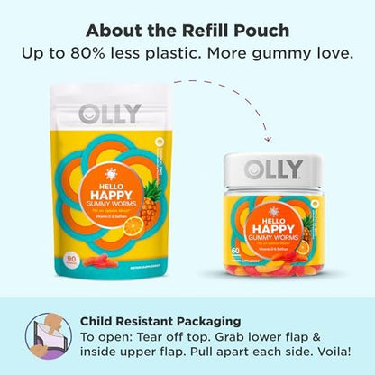OLLY Hello Happy Gummy Worms – Stimmungsausgleich, Vitamin D & Safran, Erwachsene, 90 Stück, Tropical Zing