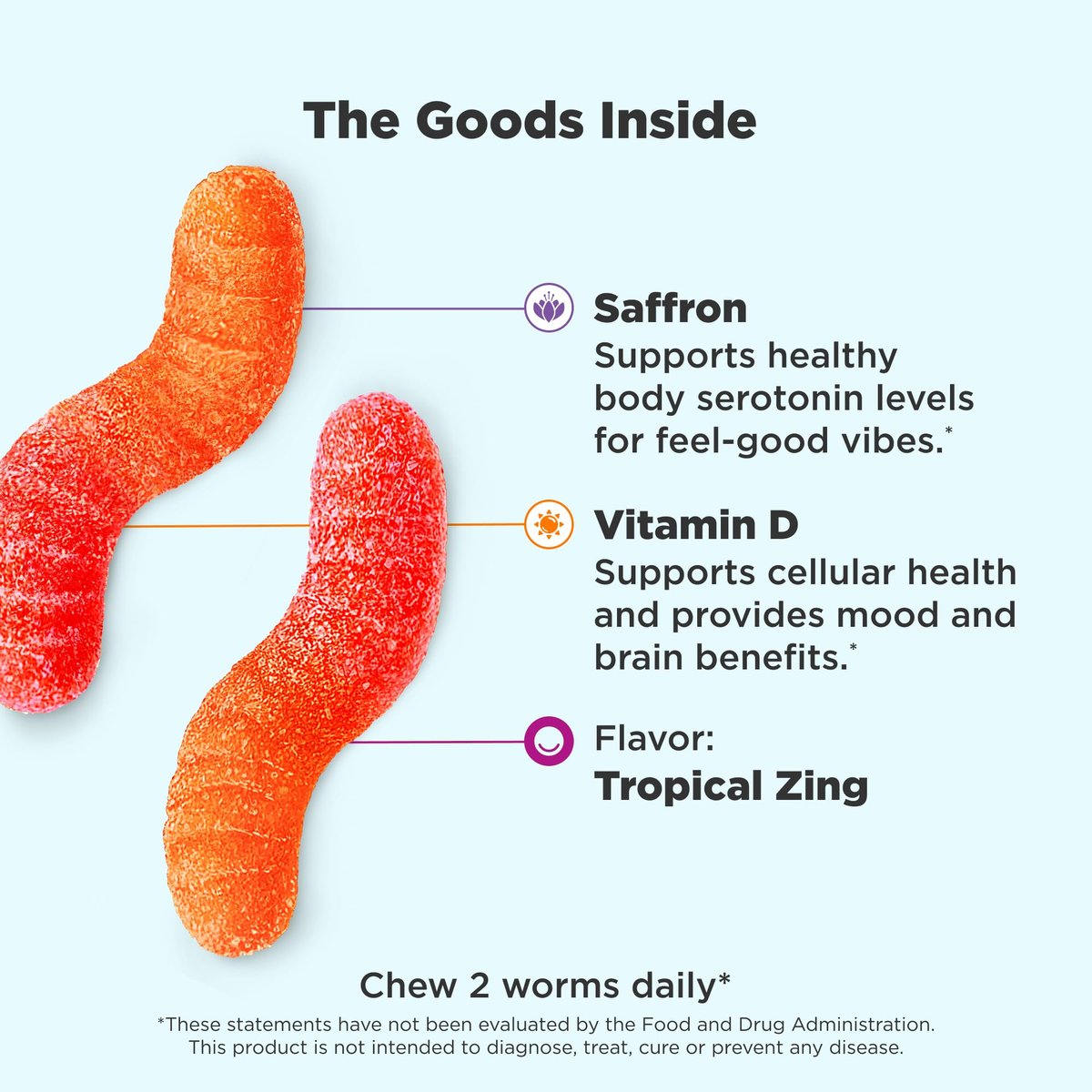 OLLY Hello Happy Gummy Worms – Stimmungsausgleich, Vitamin D & Safran, Erwachsene, 90 Stück, Tropical Zing