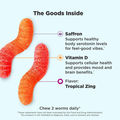 OLLY Hello Happy Gummy Worms – Stimmungsausgleich, Vitamin D & Safran, Erwachsene, 90 Stück, Tropical Zing