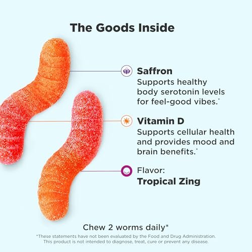 OLLY Hello Happy Gummy Worms – Stimmungsausgleich, Vitamin D & Safran, Erwachsene, 90 Stück, Tropical Zing