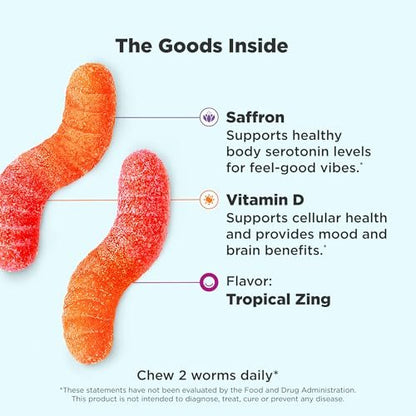 OLLY Hello Happy Gummy Worms – Stimmungsausgleich, Vitamin D & Safran, Erwachsene, 90 Stück, Tropical Zing