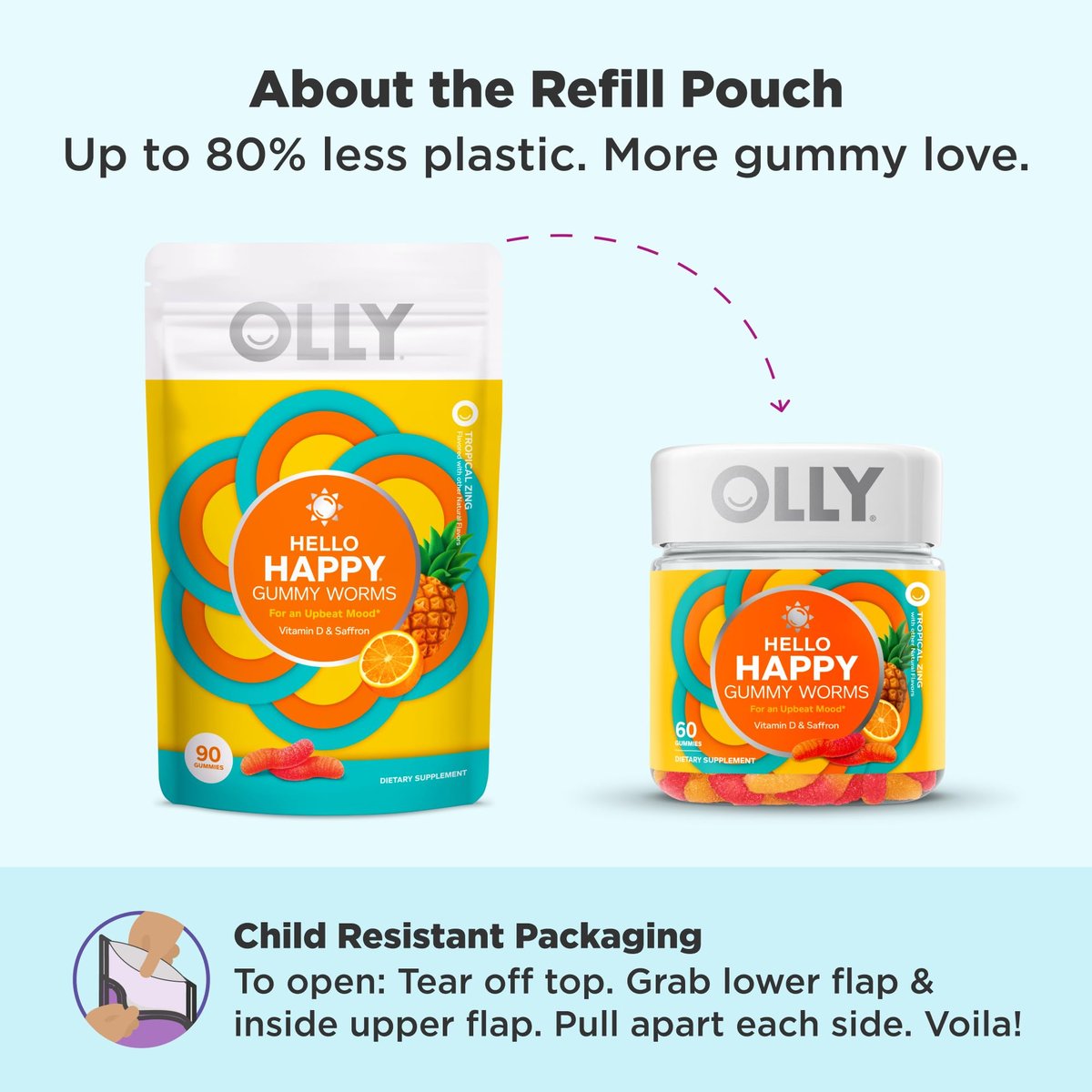 OLLY Hello Happy Gummy Worms – Stimmungsausgleich, Vitamin D & Safran, Erwachsene, 90 Stück, Tropical Zing