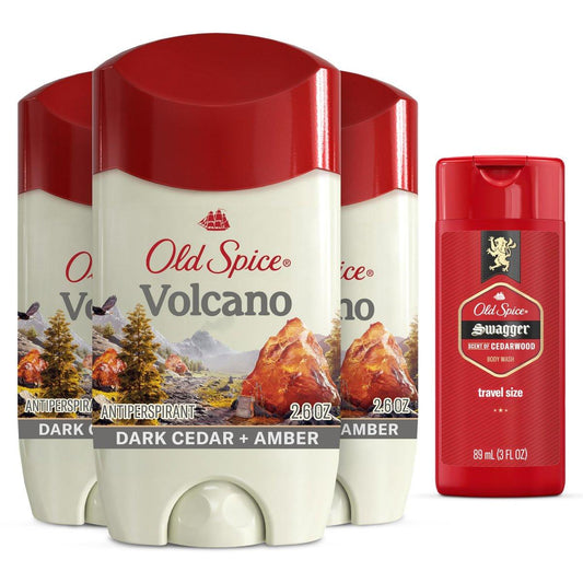 Old Spice Deo & Antitranspirant Volcano mit Aktivkohle für Herren, 2,6 oz (3er-Pack) + Reisegröße Swagger Duschgel