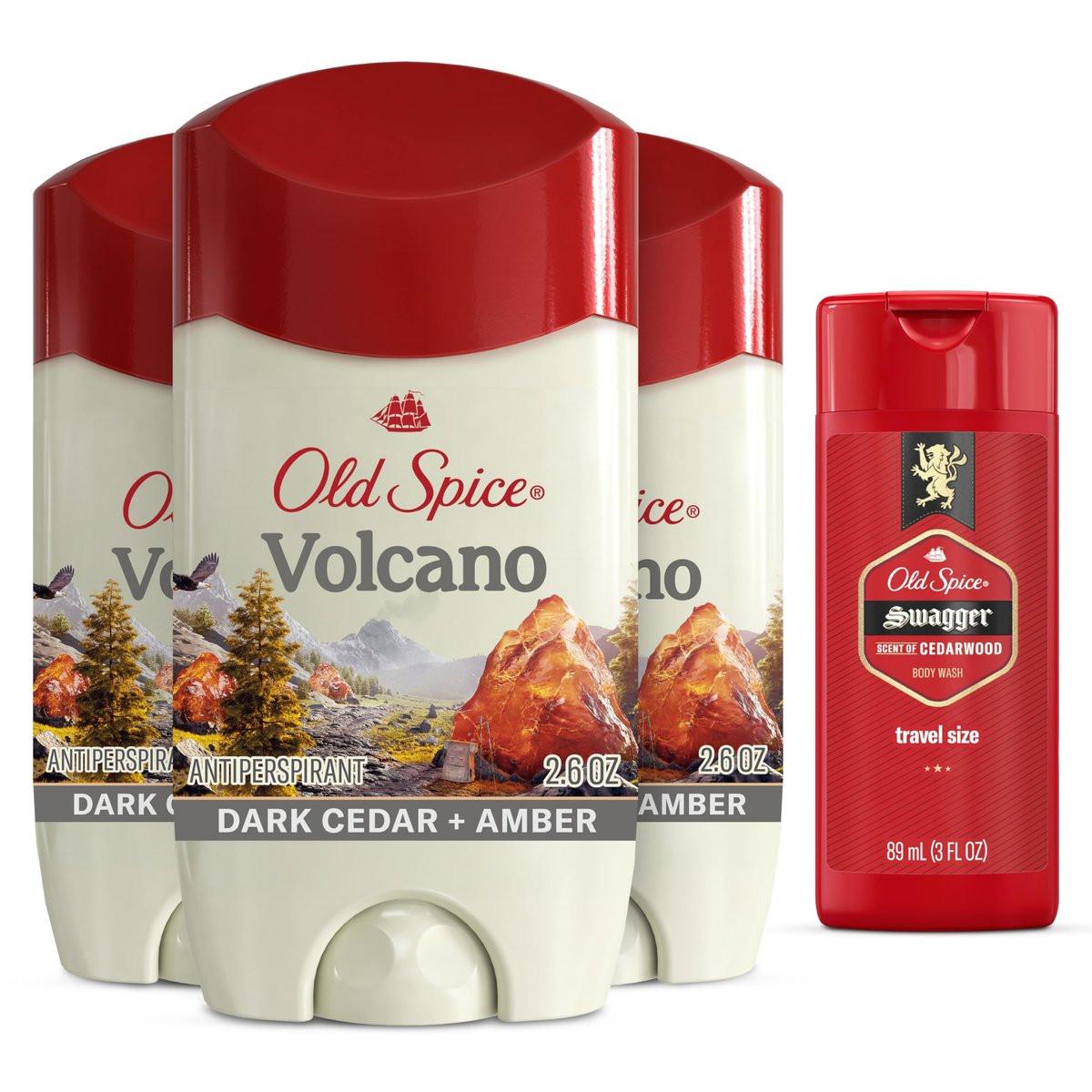 Old Spice Deo & Antitranspirant Volcano mit Aktivkohle für Herren, 2,6 oz (3er-Pack) + Reisegröße Swagger Duschgel