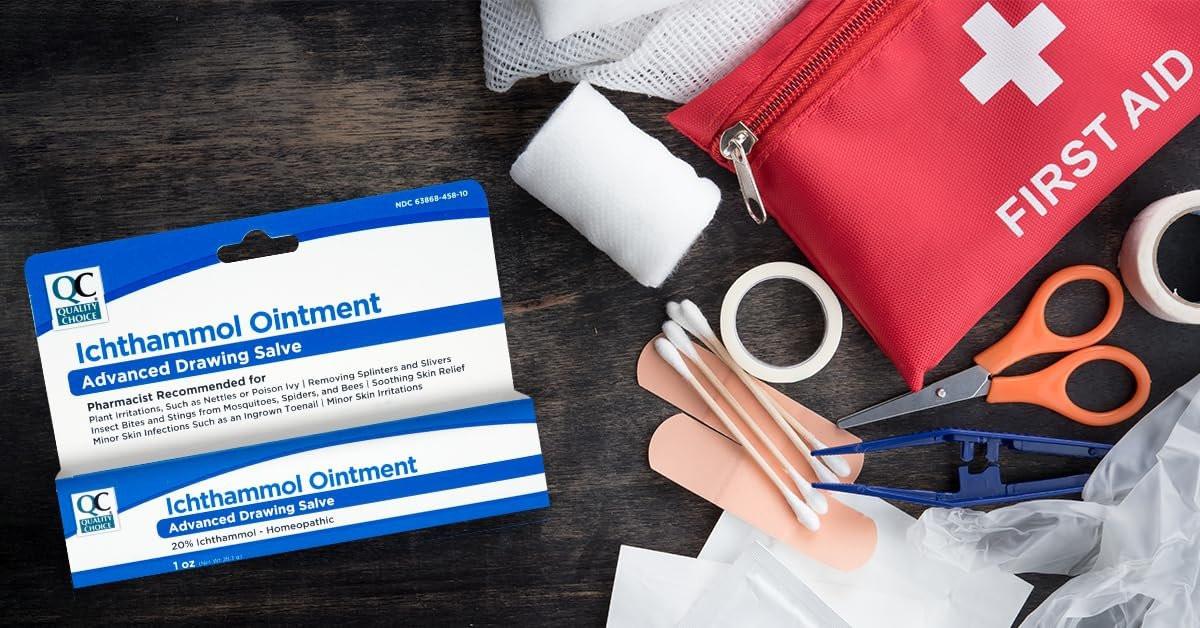 Quality Choice Ichthammol Salbe 20%, Fortschrittliche Zugpflaster-Salbe, Beruhigende Hautlinderung bei Pflanzenreizungen, Splittern, Akne, Furunkeln, eingewachsenen Haaren & Nägeln, Insektenstichen & -bissen, 28g Tube