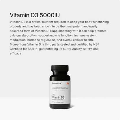 Momentous Vitamin D3 Kapseln - 5.000 IE, 60 Kapseln, für allgemeine Gesundheitsunterstützung, NSF-zertifiziert für Sport, glutenfrei