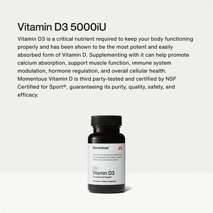 Momentous Vitamin D3 Kapseln - 5.000 IE, 60 Kapseln, für allgemeine Gesundheitsunterstützung, NSF-zertifiziert für Sport, glutenfrei
