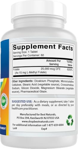 Best Naturals Methyl Folat 15000 mcg (15 mg) – 60 Tabletten – Hoch bioverfügbares Folsäurepräparat für Zellbildung, Gehirn, Gedächtnis und Herz-Kreislauf-Gesundheit