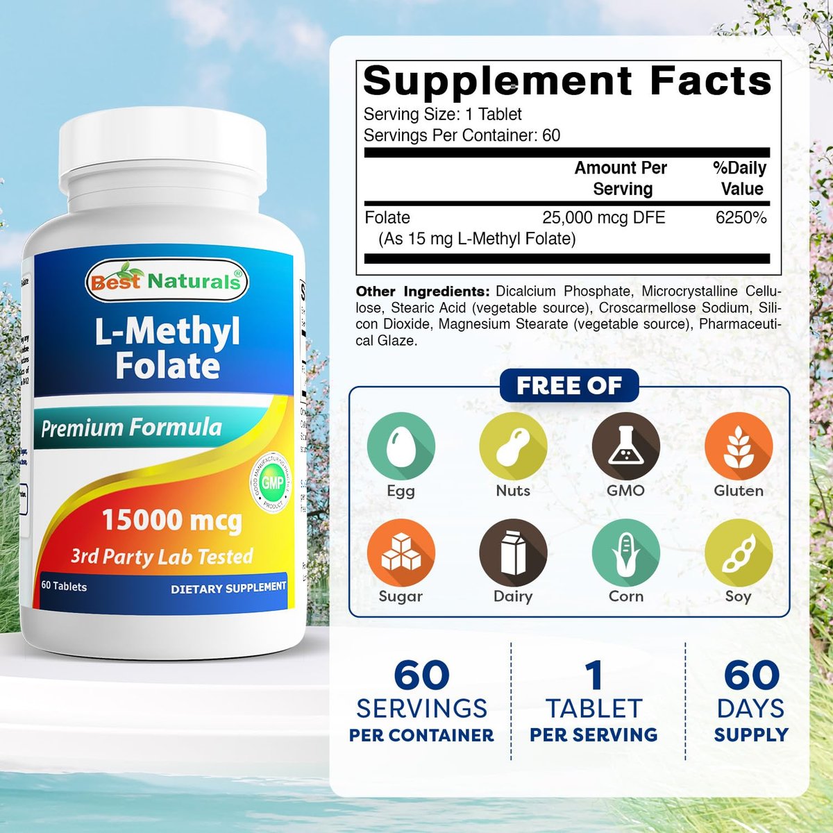 Best Naturals Methyl Folat 15000 mcg (15 mg) – 60 Tabletten – Hoch bioverfügbares Folsäurepräparat für Zellbildung, Gehirn, Gedächtnis und Herz-Kreislauf-Gesundheit