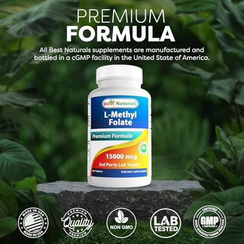 Best Naturals Methyl Folat 15000 mcg (15 mg) – 60 Tabletten – Hoch bioverfügbares Folsäurepräparat für Zellbildung, Gehirn, Gedächtnis und Herz-Kreislauf-Gesundheit