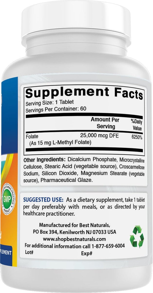 Best Naturals Methyl Folat 15000 mcg (15 mg) – 60 Tabletten – Hoch bioverfügbares Folsäurepräparat für Zellbildung, Gehirn, Gedächtnis und Herz-Kreislauf-Gesundheit