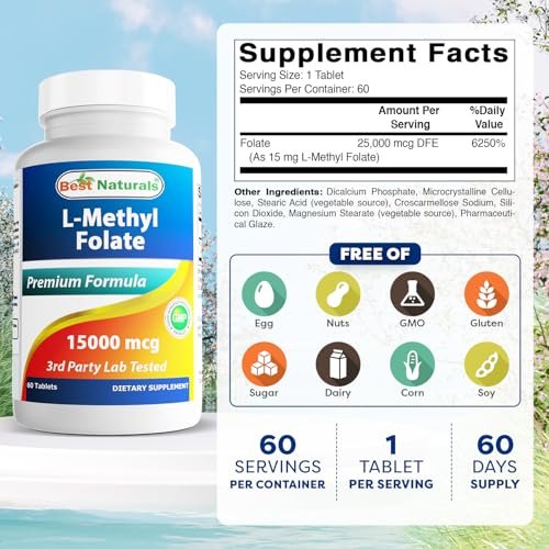 Best Naturals Methyl Folat 15000 mcg (15 mg) – 60 Tabletten – Hoch bioverfügbares Folsäurepräparat für Zellbildung, Gehirn, Gedächtnis und Herz-Kreislauf-Gesundheit