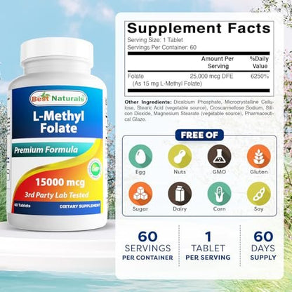 Best Naturals Methyl Folat 15000 mcg (15 mg) – 60 Tabletten – Hoch bioverfügbares Folsäurepräparat für Zellbildung, Gehirn, Gedächtnis und Herz-Kreislauf-Gesundheit