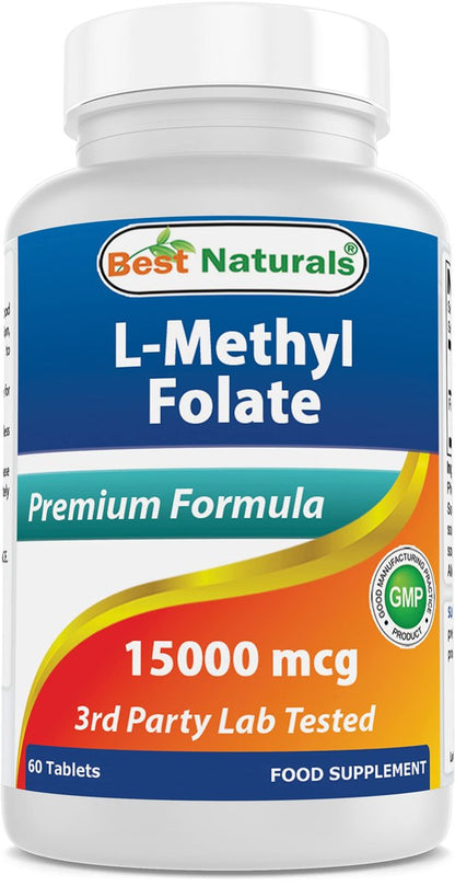 Best Naturals Methyl Folat 15000 mcg (15 mg) – 60 Tabletten – Hoch bioverfügbares Folsäurepräparat für Zellbildung, Gehirn, Gedächtnis und Herz-Kreislauf-Gesundheit