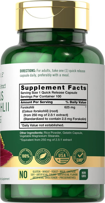 Carlyle Coleus Forskohlii Kapseln | 100 Stück | Forskolin Standardisierter Extrakt | Non-GMO & Glutenfrei