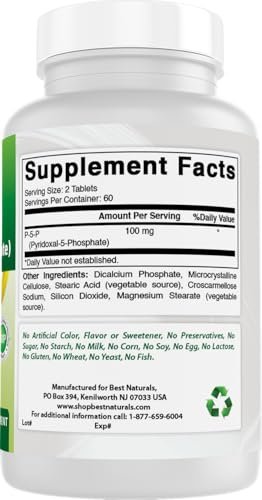 Best Naturals P5P Vitamin B6 (Pyridoxal 5-Phosphat) 100 mg/Portion – 120 Tabletten – Aktive Form von Vitamin B6