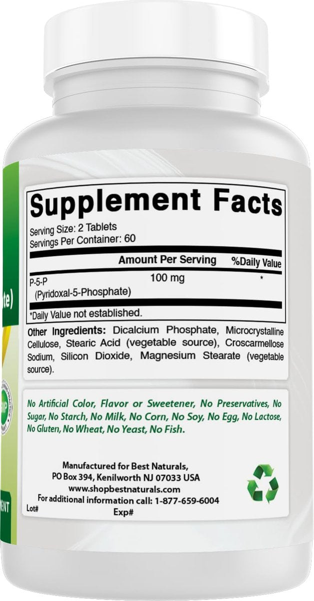 Best Naturals P5P Vitamin B6 (Pyridoxal 5-Phosphat) 100 mg/Portion – 120 Tabletten – Aktive Form von Vitamin B6