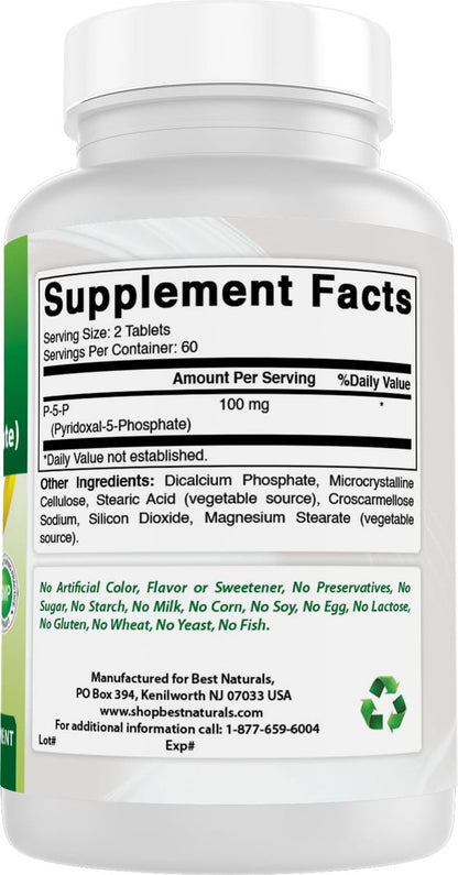 Best Naturals P5P Vitamin B6 (Pyridoxal 5-Phosphat) 100 mg/Portion – 120 Tabletten – Aktive Form von Vitamin B6