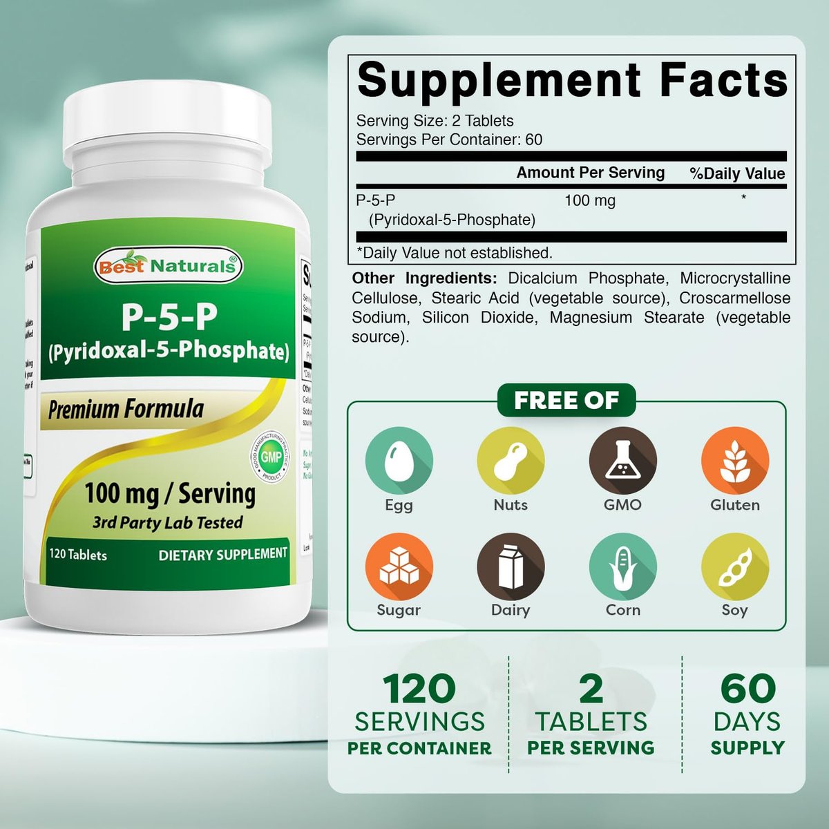 Best Naturals P5P Vitamin B6 (Pyridoxal 5-Phosphat) 100 mg/Portion – 120 Tabletten – Aktive Form von Vitamin B6