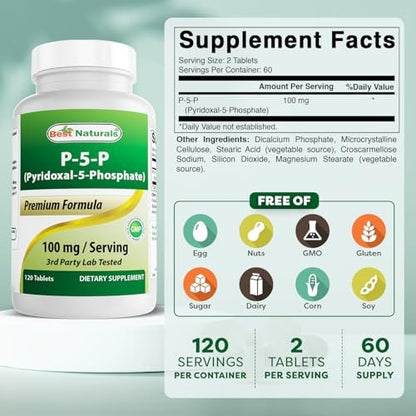 Best Naturals P5P Vitamin B6 (Pyridoxal 5-Phosphat) 100 mg/Portion – 120 Tabletten – Aktive Form von Vitamin B6