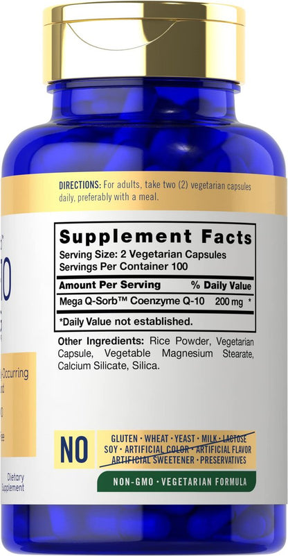Carlyle CoQ10 200 mg | 200 Kapseln | Mega Q-Sorb Coenzym Q-10 | Vegetarisch, Nicht-GVO, Glutenfrei