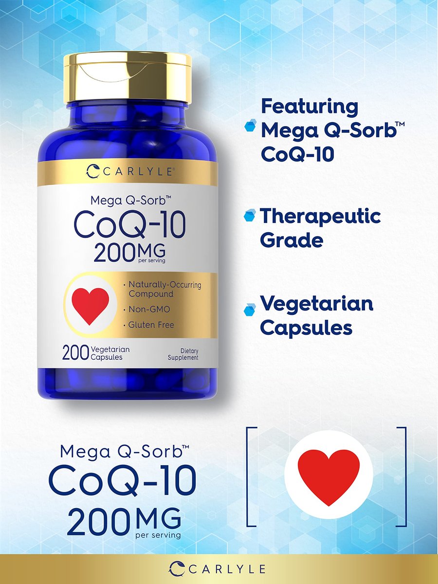 Carlyle CoQ10 200 mg | 200 Kapseln | Mega Q-Sorb Coenzym Q-10 | Vegetarisch, Nicht-GVO, Glutenfrei