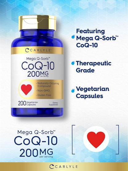Carlyle CoQ10 200 mg | 200 Kapseln | Mega Q-Sorb Coenzym Q-10 | Vegetarisch, Nicht-GVO, Glutenfrei