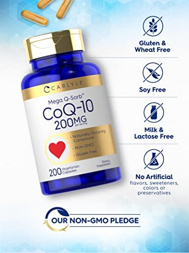 Carlyle CoQ10 200 mg | 200 Kapseln | Mega Q-Sorb Coenzym Q-10 | Vegetarisch, Nicht-GVO, Glutenfrei