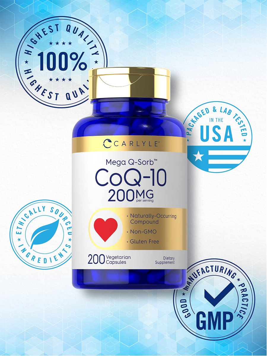 Carlyle CoQ10 200 mg | 200 Kapseln | Mega Q-Sorb Coenzym Q-10 | Vegetarisch, Nicht-GVO, Glutenfrei