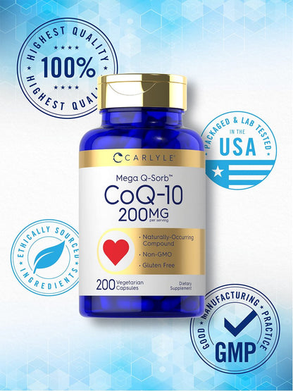 Carlyle CoQ10 200 mg | 200 Kapseln | Mega Q-Sorb Coenzym Q-10 | Vegetarisch, Nicht-GVO, Glutenfrei