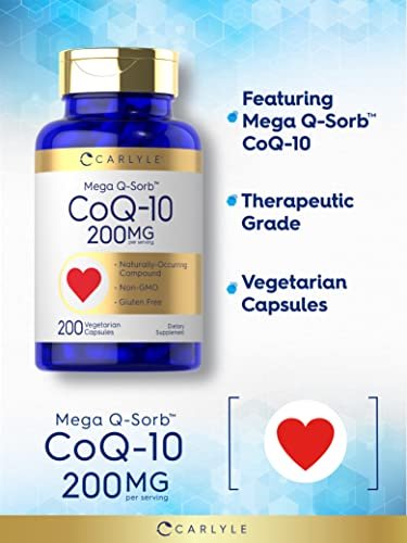 Carlyle CoQ10 200 mg | 200 Kapseln | Mega Q-Sorb Coenzym Q-10 | Vegetarisch, Nicht-GVO, Glutenfrei