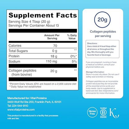 Vital Proteins Kollagen-Peptide-Pulver – Unterstützt Haar, Nägel, Haut, Knochen & Gelenke, ungesüßt, Kollagenprotein 9,33 Unzen