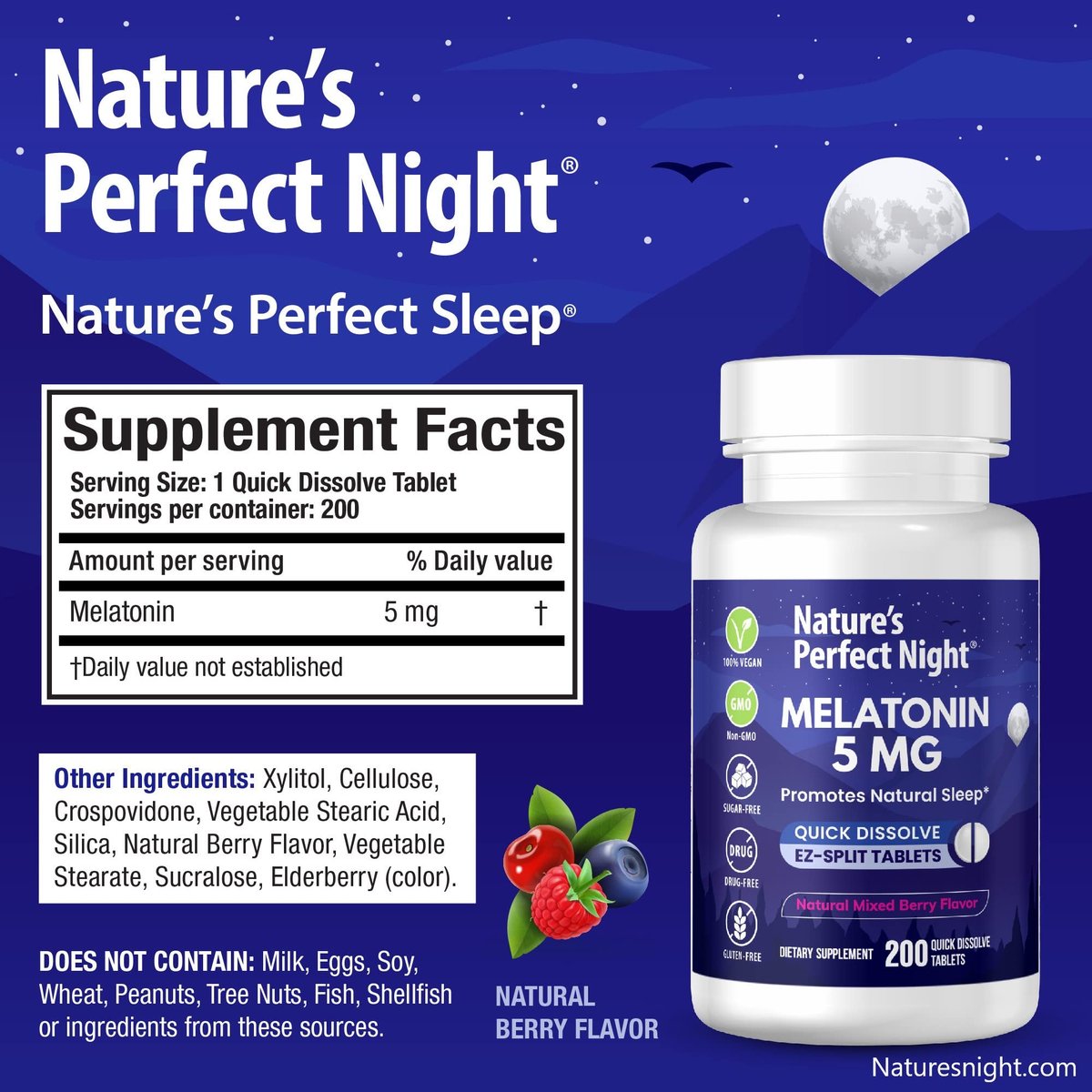 Nature's Perfect Night | Melatonin 5 mg | 200 schnell lösliche Tabletten | Natürlicher Beerenmix-Geschmack | Bevorzugte Stärke | Zuckerfrei | Vegan | Glutenfrei | Großpackung