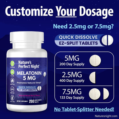 Nature's Perfect Night | Melatonin 5 mg | 200 schnell lösliche Tabletten | Natürlicher Beerenmix-Geschmack | Bevorzugte Stärke | Zuckerfrei | Vegan | Glutenfrei | Großpackung
