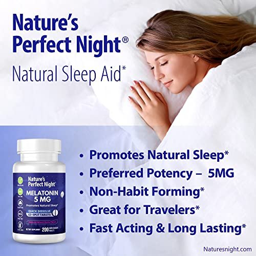 Nature's Perfect Night | Melatonin 5 mg | 200 schnell lösliche Tabletten | Natürlicher Beerenmix-Geschmack | Bevorzugte Stärke | Zuckerfrei | Vegan | Glutenfrei | Großpackung