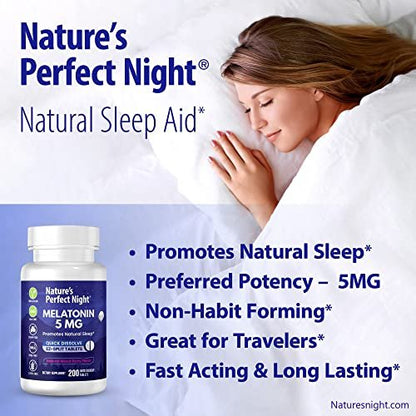 Nature's Perfect Night | Melatonin 5 mg | 200 schnell lösliche Tabletten | Natürlicher Beerenmix-Geschmack | Bevorzugte Stärke | Zuckerfrei | Vegan | Glutenfrei | Großpackung