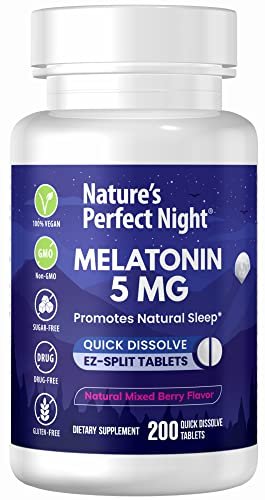 Nature's Perfect Night | Melatonin 5 mg | 200 schnell lösliche Tabletten | Natürlicher Beerenmix-Geschmack | Bevorzugte Stärke | Zuckerfrei | Vegan | Glutenfrei | Großpackung