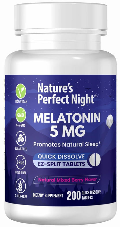 Nature's Perfect Night | Melatonin 5 mg | 200 schnell lösliche Tabletten | Natürlicher Beerenmix-Geschmack | Bevorzugte Stärke | Zuckerfrei | Vegan | Glutenfrei | Großpackung