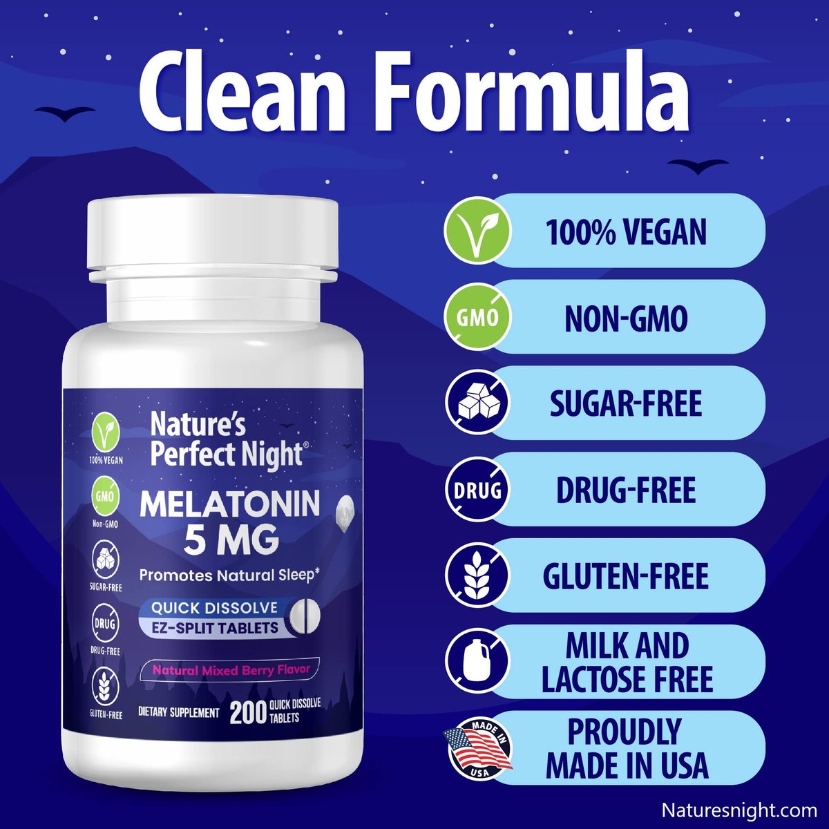Nature's Perfect Night | Melatonin 5 mg | 200 schnell lösliche Tabletten | Natürlicher Beerenmix-Geschmack | Bevorzugte Stärke | Zuckerfrei | Vegan | Glutenfrei | Großpackung
