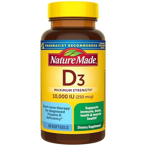 Nature Made Vitamin D3 10000 IE (250 mcg) Maximale Stärke – Nahrungsergänzungsmittel für Knochen- und Immununterstützung, 60 Weichkapseln, 60-Tage-Vorrat