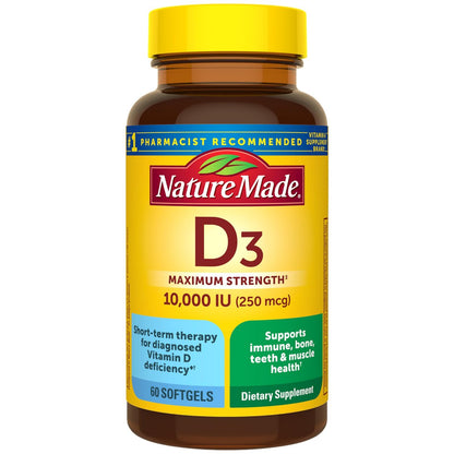 Nature Made Vitamin D3 10000 IE (250 mcg) Maximale Stärke – Nahrungsergänzungsmittel für Knochen- und Immununterstützung, 60 Weichkapseln, 60-Tage-Vorrat